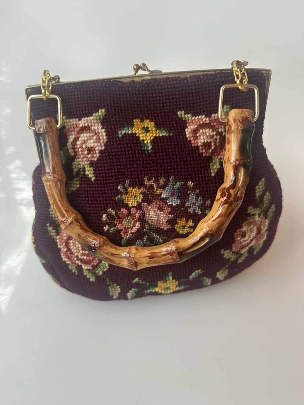 Vintage (1940's) Floral Needlepoint Handbag with a detachable Bamboo Handle